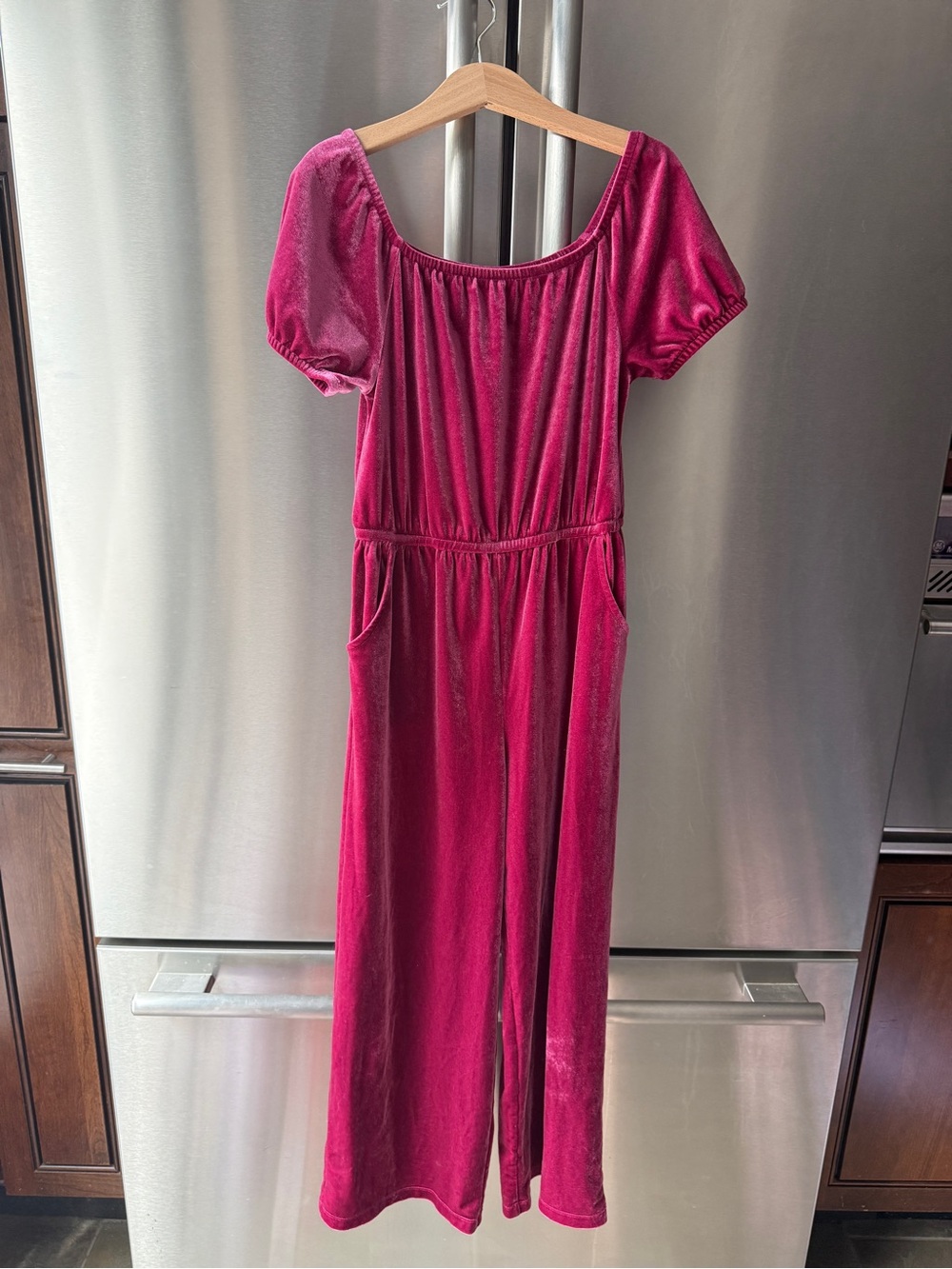 Girls' Fuchsia Velvet Midi Jumpsuit Pants with Puff Sleeves